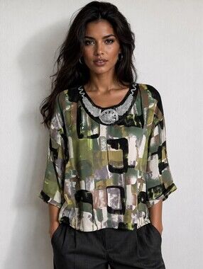 Quintessential Black & Green Abstract Hi-low Crop Top, Sequin Collar, Size Small